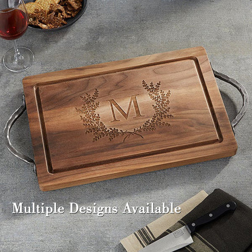 Personalized Walnut Cutting Board/Serving Tray with Optional Iron Handles