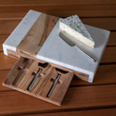 White Marble & Acacia Pocket Drawer Board with Matte Stainless Cheese Set