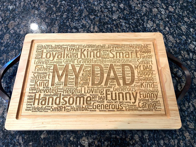 Personalized Engraved Word Cloud Maple Cutting Board with Optional Iron Handles (18"x12")