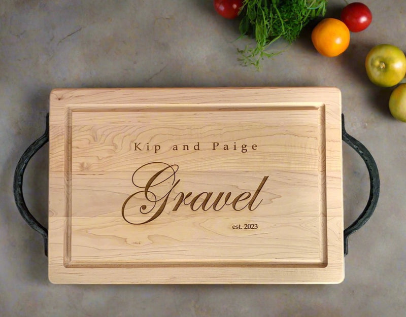 Personalized Maple Cutting Board, Charcuterie Board with Optional Iron Handles (18" x 12")