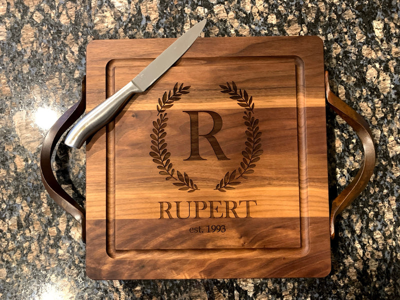 Personalized Walnut Cutting Board/Charcuterie Board with Optional Iron Handles (12"x12")