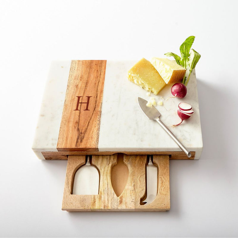 White Marble & Acacia Pocket Drawer Board with Matte Stainless Cheese Set