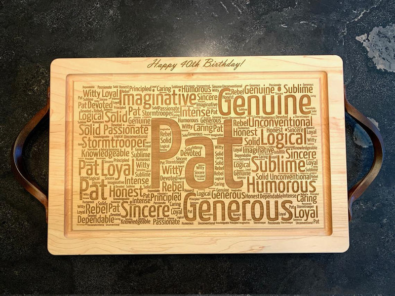 Personalized Engraved Word Cloud Maple Cutting Board with Optional Iron Handles (18"x12")
